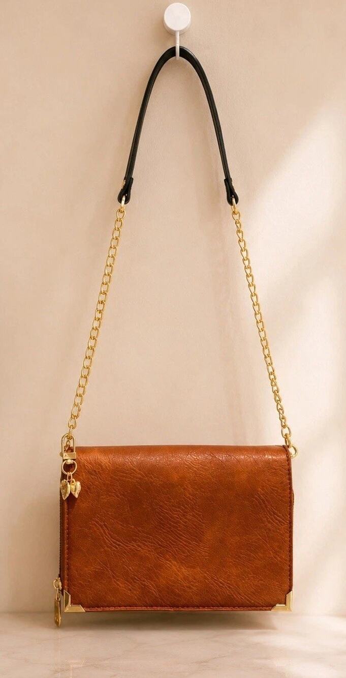 Urban Expressions Cognac Wallet Crossbody Shoulder Bag Gold Chain Heart Charm
